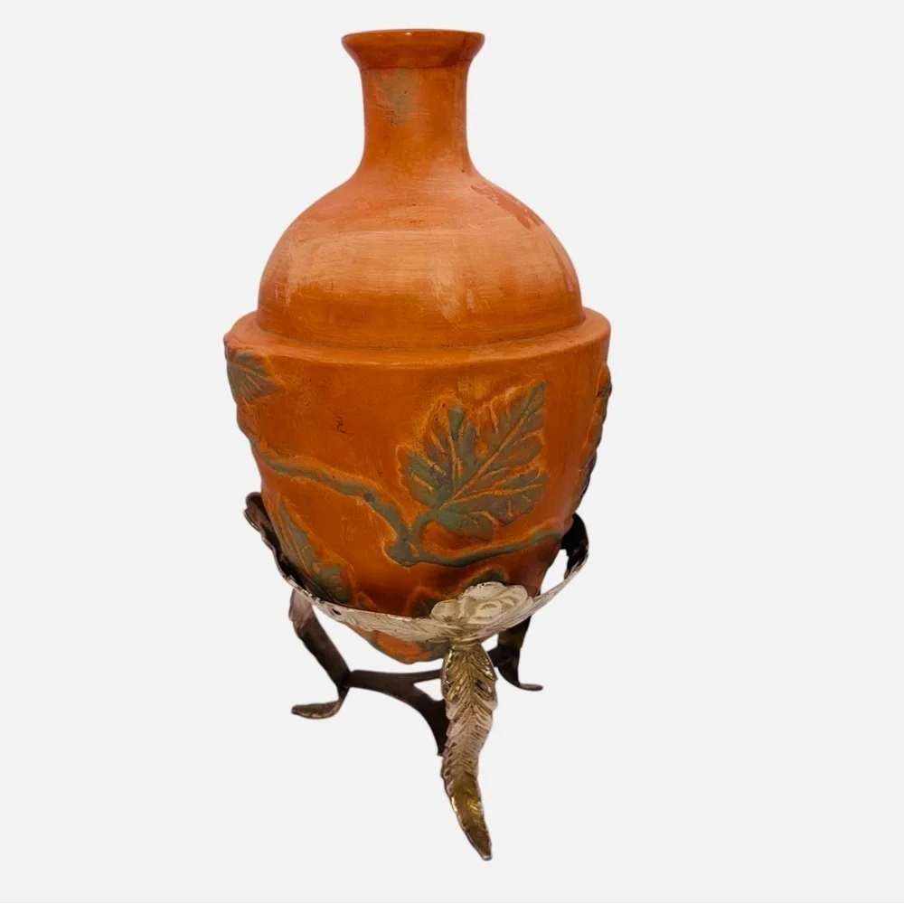 VTG Terracotta Vessel Raised Leaf Fruit Motif Vase With Brass Stand